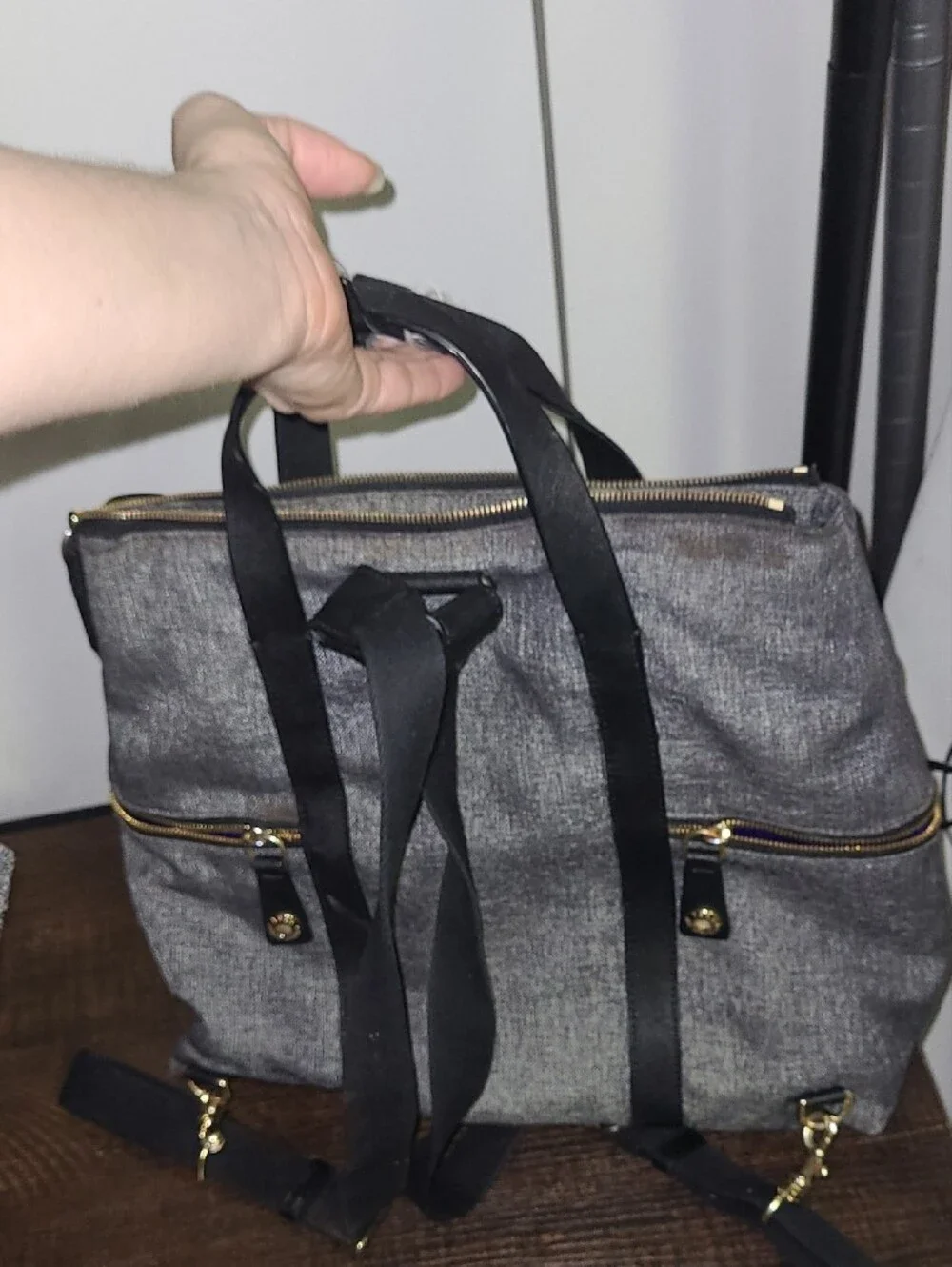 henri bendel Gray and Black Backpack Tote with Gold Hardware